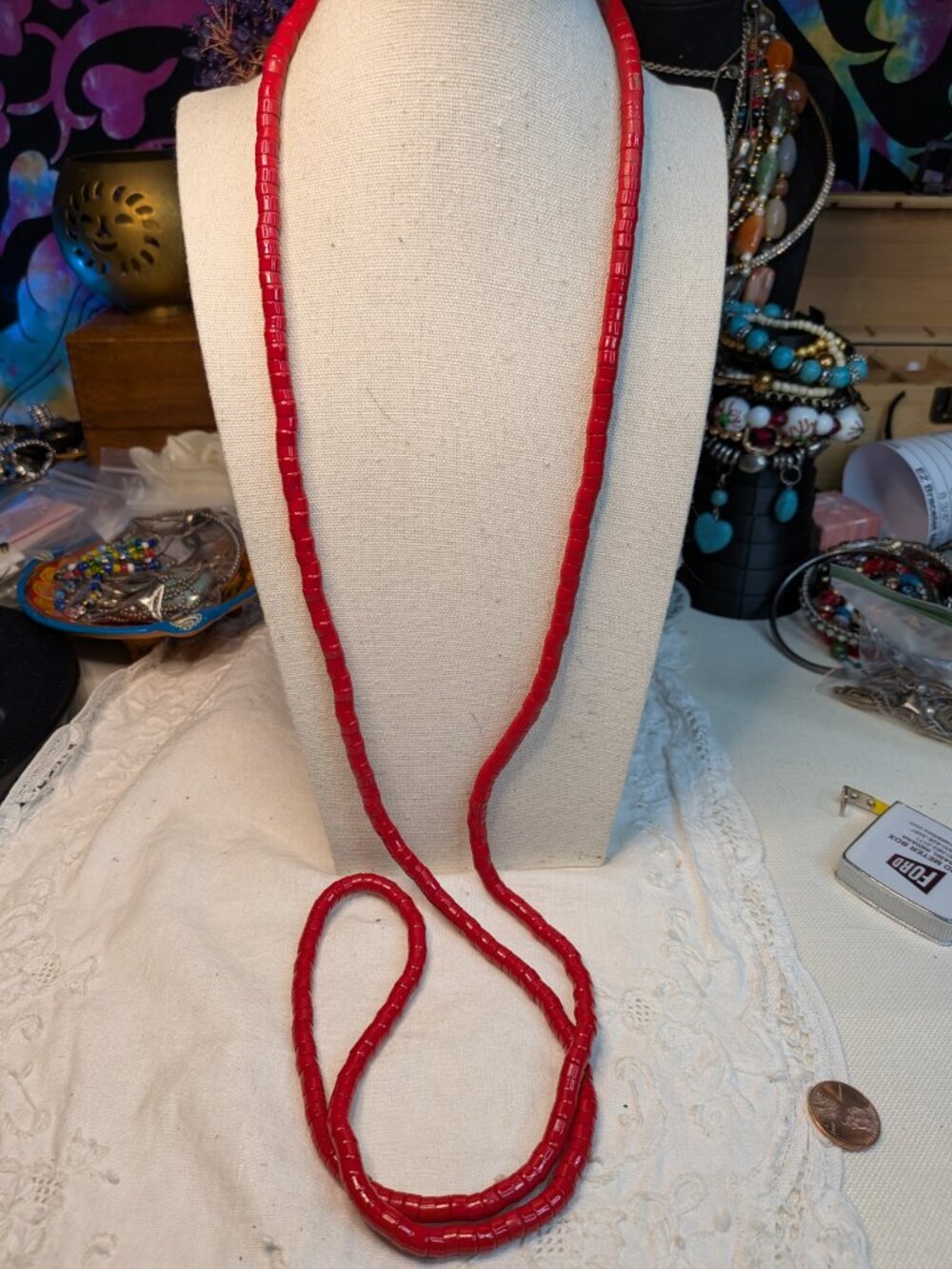Vintage Red Enamel Brass Bead Necklace – 46" Long Layering Strand - Picture 2 of 8